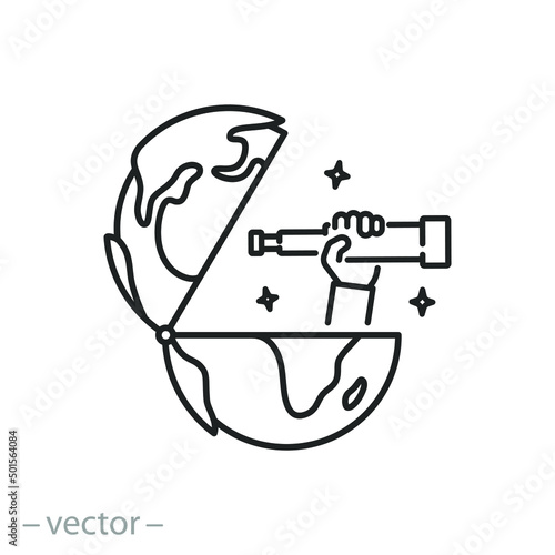 global future of the look icon, international vision, explore world, open globe with spyglass, thin line symbol on white background - editable stroke vector illustration