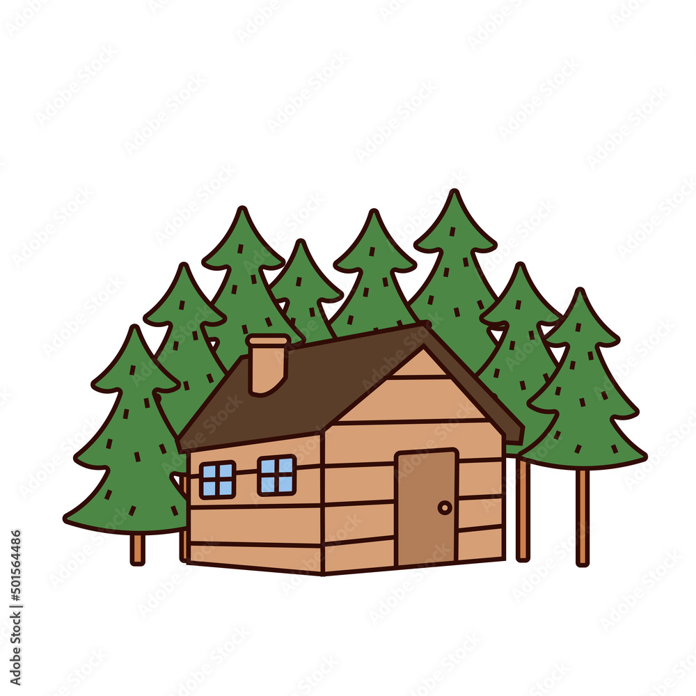 Woodhouse in forest or garden. Forester shack 