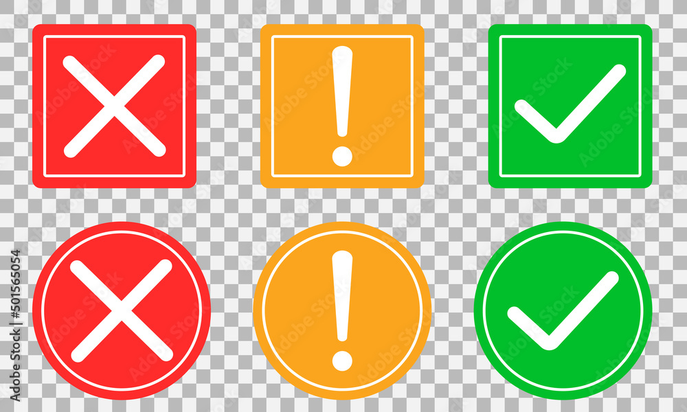 Set of flat round check mark, exclamation point, X mark icons, buttons on a isolated background.Green red yellow vector circle symbols. Red check mark icon vector.Stock vector. Vector illustration Set of flat round check mark, exclamation point, X mark icons, buttons on a isolated background.Green red yellow vector circle symbols. Red check mark icon vector.Stock vector. Vector illustration