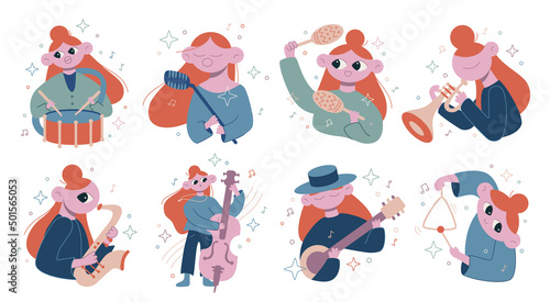 Set vector flat cartoon illustrations. Orchestra, musicians play different musical instruments.