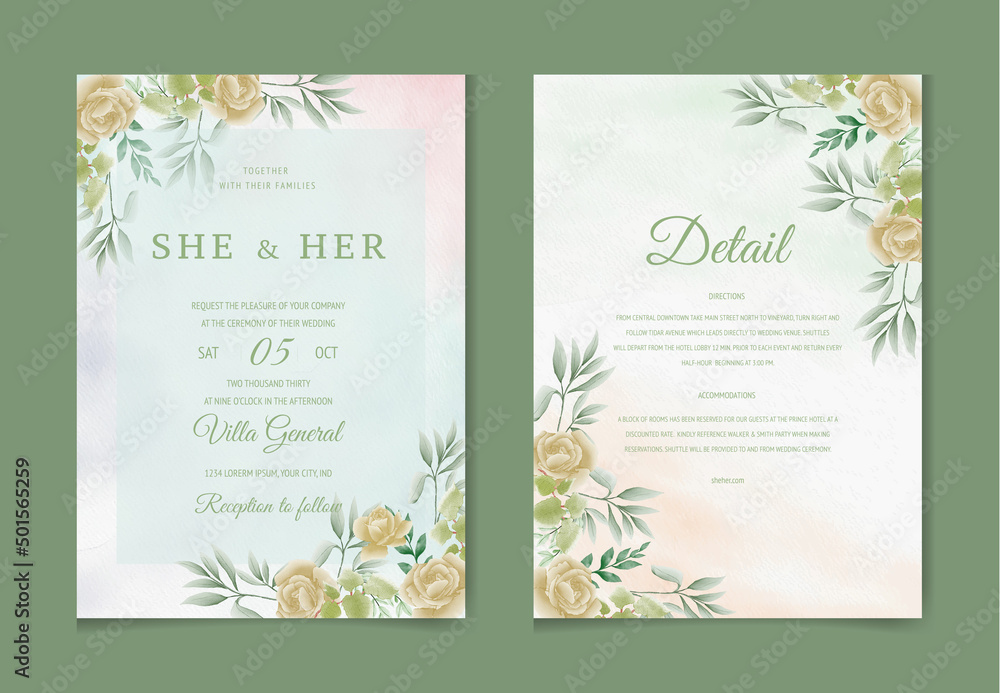 Wedding invitation card template set with watercolor and floral decoration. Flowers illustration for save the date, greeting, poster, and cover design Abstract Background.
Wedding invitation card template set with watercolor and floral decoration. Flowers illustration for save the date, greeting, poster, and cover design Abstract Background.