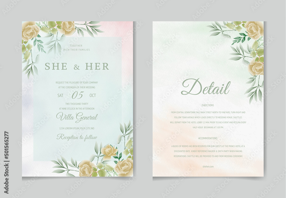 Romantic set of watercolor wedding invitation card template with floral leaves and flowers. illustration for save the date, greeting, poster, and cover design  Abstract Background.