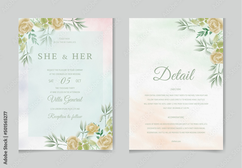 Obraz premium Romantic set of watercolor wedding invitation card template with floral leaves and flowers. illustration for save the date, greeting, poster, and cover design Abstract Background.