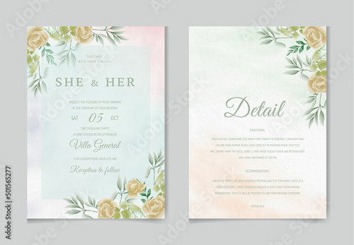 Romantic set of watercolor wedding invitation card template with floral leaves and flowers. illustration for save the date  greeting  poster  and cover design  Abstract Background.