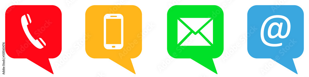 Set of colorful contact us icons. Contact icons in speech bubble symbols. Handset, telephone, smartphone, mail, letter. Vector illustration. Set of colorful contact us icons. Contact icons in speech bubble symbols. Handset, telephone, smartphone, mail, letter. Vector illustration.