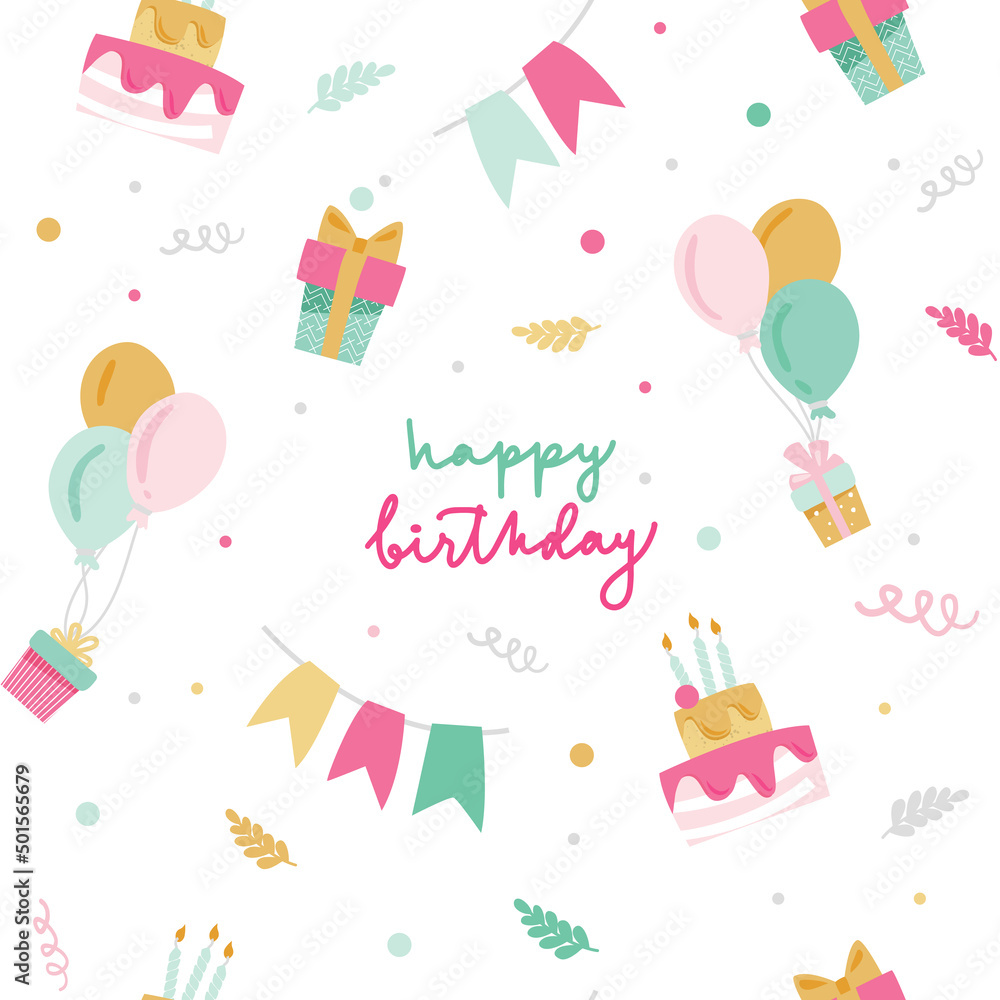 Seamless pattern with Happy Birthday's cakes, balloons, confetti, spirals, gift boxes. Happy Birthday lettering. Vector illustration in flat style