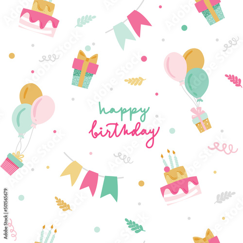 Seamless pattern with Happy Birthday s cakes  balloons  confetti  spirals  gift boxes. Happy Birthday lettering. Vector illustration in flat style