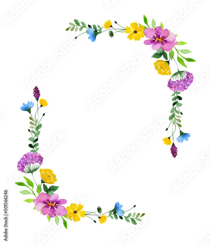 Watercolor wildflower border. Floral rectangle frame with place for text.