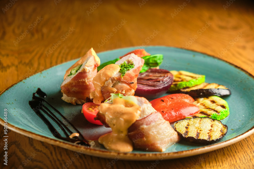 Fried pork rolls stuffed with prunes, wrapped in bacon, Fried pork rolls stuffed with prunes, wrapped in bacon,