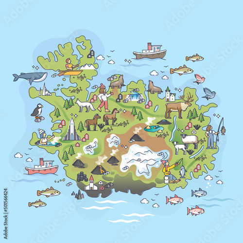 Iceland country borders map with typical icelandic elements outline map. Detailed topography items with animals, volcano, architecture and popular places on island vector illustration. Nature relief. photo