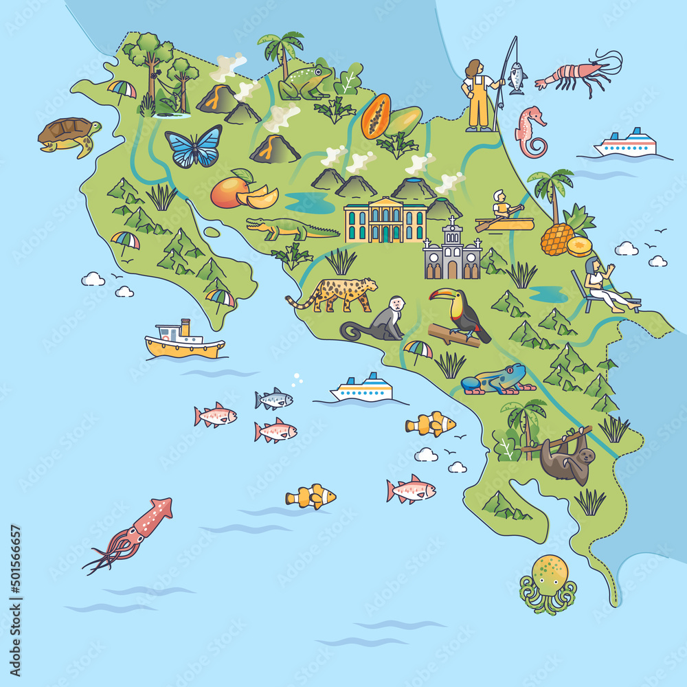 Costa rica island geography wildlife and nature explanation outline map. Caribbean sea country 