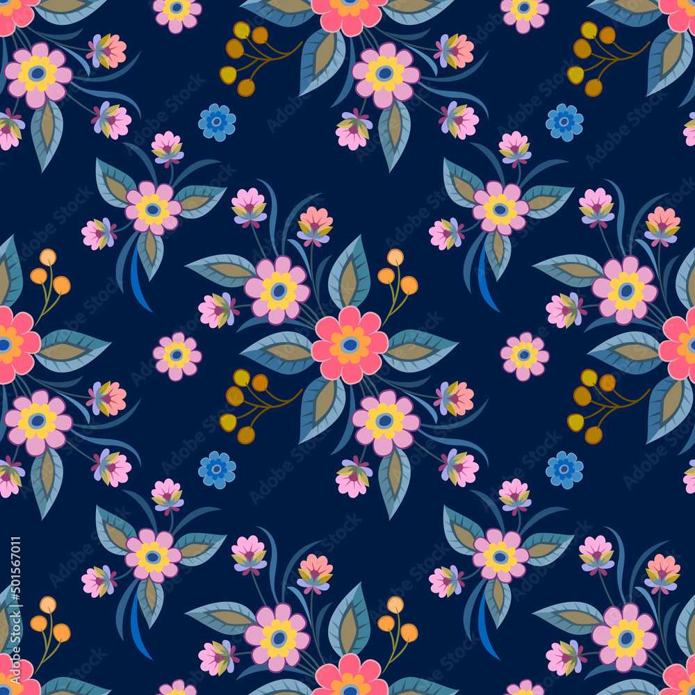 Flower design on dark blue color background seamless pattern. Flower design on dark blue color background seamless pattern.