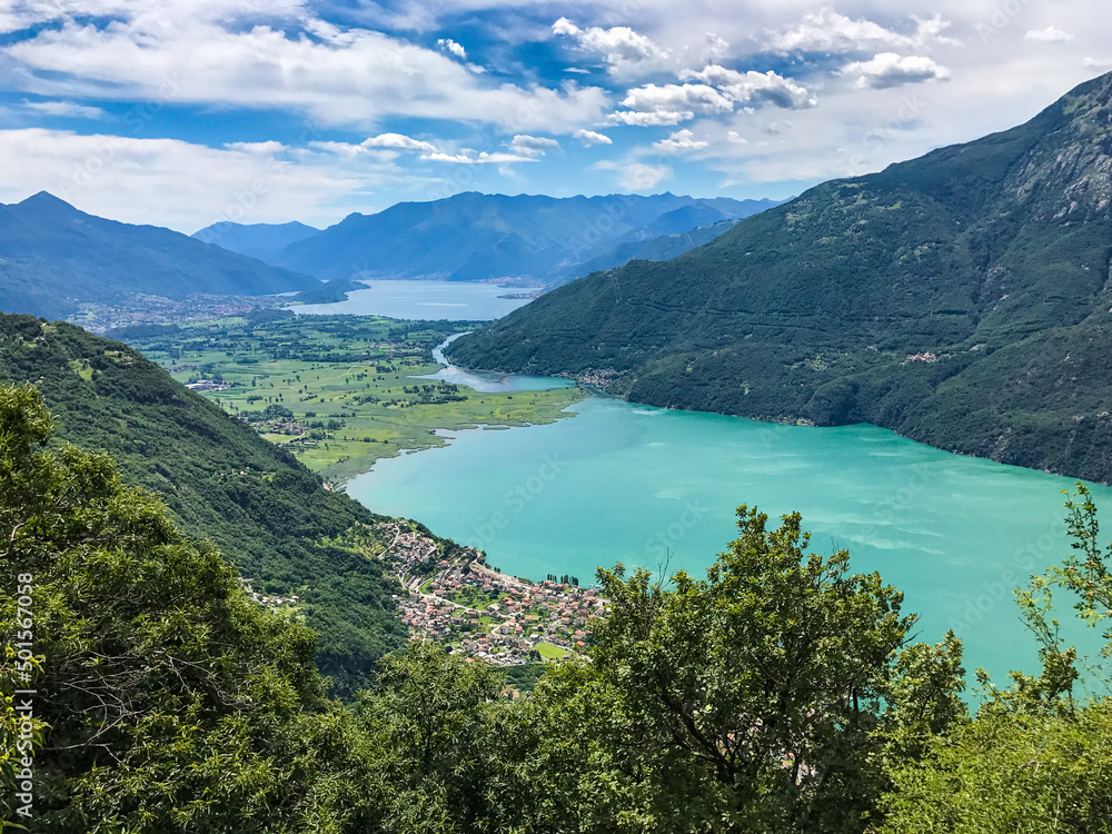 Aerial panoramic view of Lake Como in a beautiful summer day