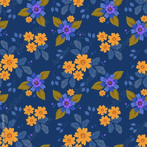Cute small yellow flower on blue color seamless pattern.