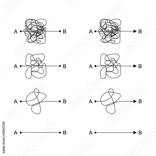 Vector Arrows Set, Simple and Difficult Ways Scale, Black Lines Isolated on White Background, Essential Way is Shorter Concept, Think Then Do.