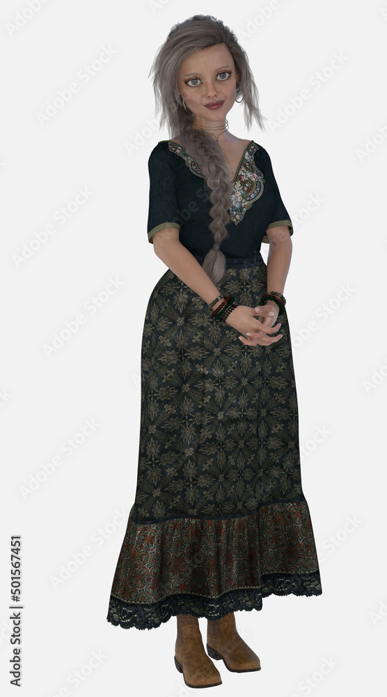 Full length portrait of Sara, a beautiful middle-aged female character with long braided gray hair on an isolated background. Sara is a 3D illustrated model render. Full length portrait of Sara, a beautiful middle-aged female character with long braided gray hair on an isolated background. Sara is a 3D illustrated model render.