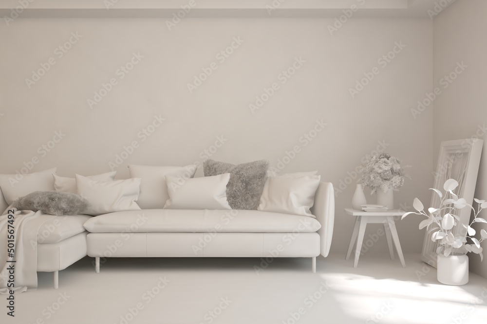 Mock up of minimalist living room in white color with sofa. Scandinavian interior design. 3D illustration Mock up of minimalist living room in white color with sofa. Scandinavian interior design. 3D illustration