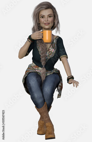 Full length portrait of Sara, a beautiful middle-aged female character with long braided gray hair sitting on an invisible chair on an isolated background. Sara is a 3D illustrated model render. 