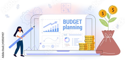Budget planning Vector illustration flat Concept finance accounting Calculation financial income and expenses Taxpayer Tax burden Taxation Fiscal policy People analyzing personal or corporate budget