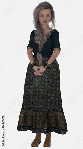 Full length portrait of Sara, a beautiful middle-aged female character with long braided gray hair on an isolated background. Sara is a 3D illustrated model render. 