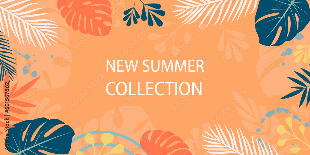 Obraz premium Horizontal banner with tropical leaves, plants and trendy flower patches. Announcement of a new collection, discounts on it, summer sale. Template for sale, advertising, web. Vector