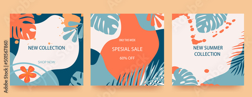 Set of advertising banners with tropical leaves, plants and spots in trendy colors. Announcement of a new collection, discounts on it, summer sale. Template for sale, advertising, web. Vector