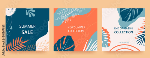 Set of advertising banners with tropical leaves, plants and spots in trendy colors. Announcement of a new collection, discounts on it, summer sale. Template for sale, advertising, web.
