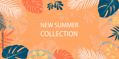 Horizontal banner with tropical leaves, plants and trendy flower patches. Announcement of a new collection, discounts on it, summer sale. Template for sale, advertising, web. Vector