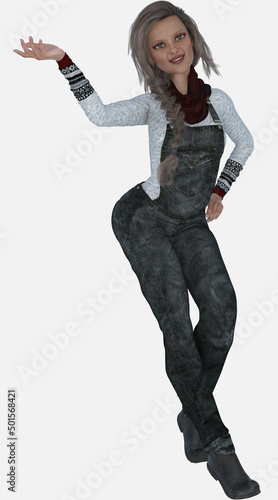 Full length portrait of Sara, a beautiful middle-aged female character with long braided gray hair on an isolated background. Sara is a 3D illustrated model render. 