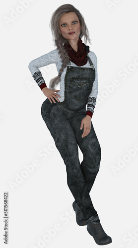 Full length portrait of Sara, a beautiful middle-aged female character with long braided gray hair on an isolated background. Sara is a 3D illustrated model render. 