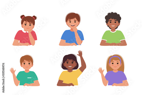 Set of cute smiling children, school boys and girls, pupils. Vector illustration in flat style