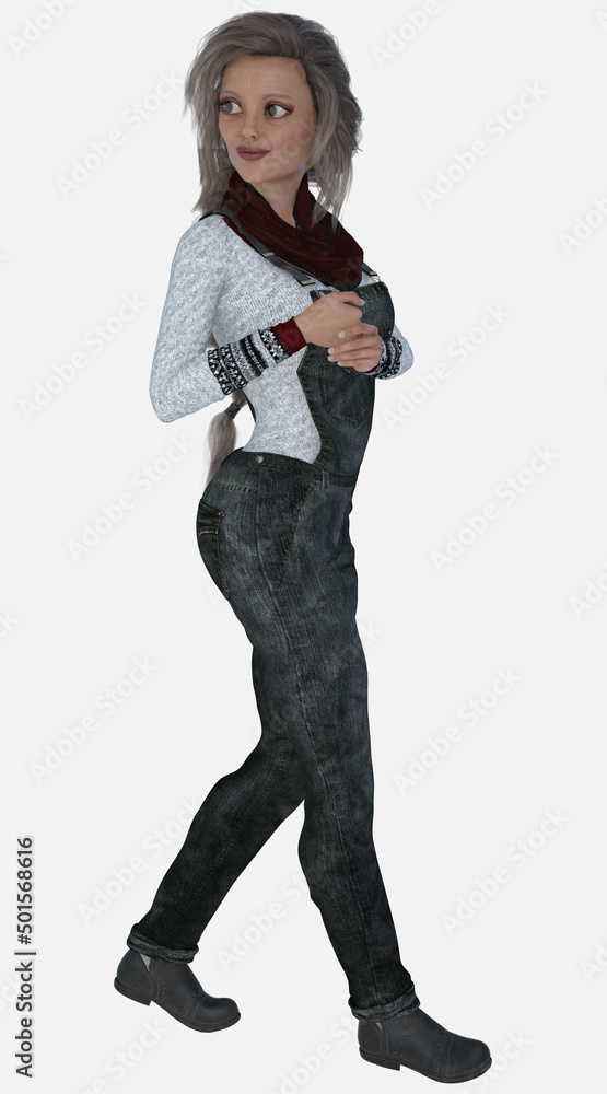Full length portrait of Sara, a beautiful middle-aged female character with long braided gray hair walking on an isolated background. Sara is a 3D illustrated model render. Full length portrait of Sara, a beautiful middle-aged female character with long braided gray hair walking on an isolated background. Sara is a 3D illustrated model render.
