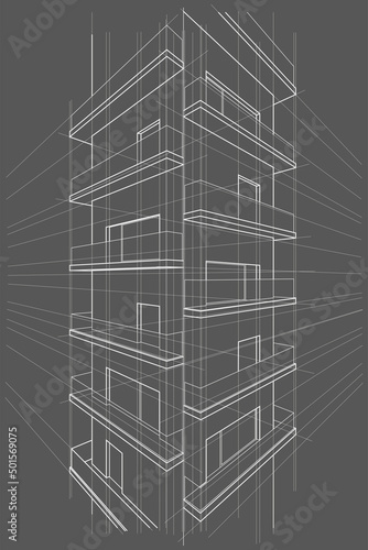 Linear abstract arcitectural sketch multi-storey building perspective on gray background
