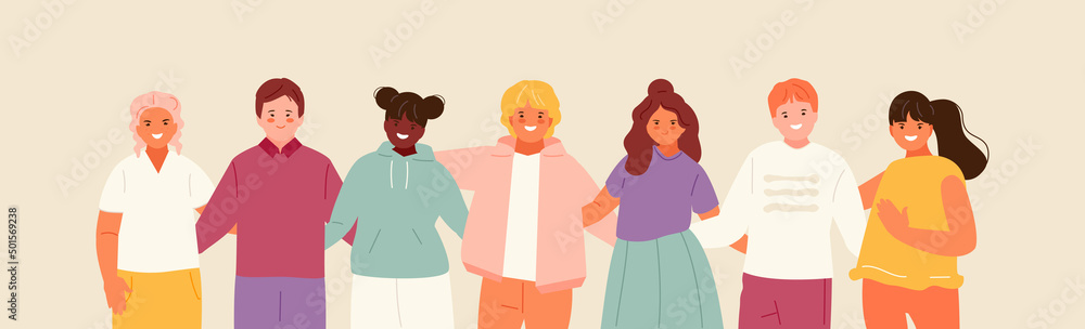 Obraz premium Multiethnic group of smiling hugging kids. Children unity and friendship, happy childhood. Vector illustration
