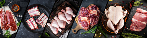 Collage with different types of raw meat and chicken. Large horizontal banner for a butcher shop or market photo