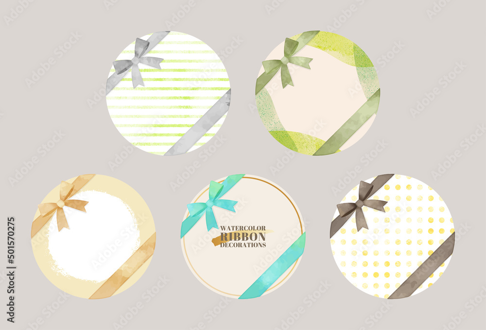 Round shaped cards with ribbon. vector watercolor illustration