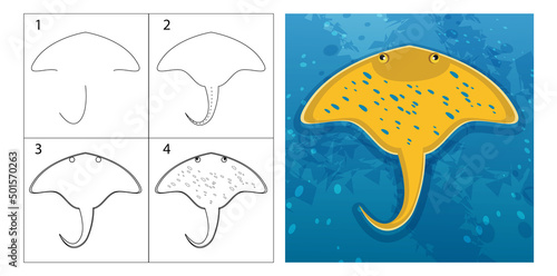 A step-by-step lesson of coloring fish. How to draw a yellow stingray. Children's tutorial, a guide for creating a line from simple forms. Coloring pages, sheets. A picture with a marine life. 

