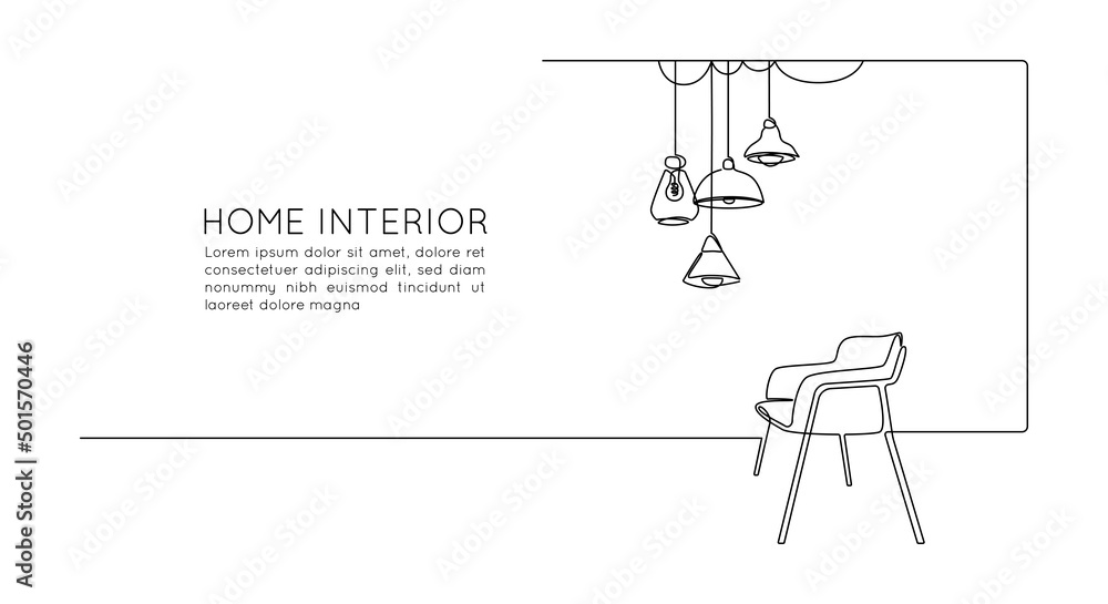 Continuous one line drawing of armchair with hanging loft lamps chandeliers. Scandinavian stylish furniture for living room concept in simple linear style. Editable stroke. Doodle vector illustration Continuous one line drawing of armchair with hanging loft lamps chandeliers. Scandinavian stylish furniture for living room concept in simple linear style. Editable stroke. Doodle vector illustration