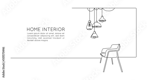 Continuous one line drawing of armchair with hanging loft lamps chandeliers. Scandinavian stylish furniture for living room concept in simple linear style. Editable stroke. Doodle vector illustration