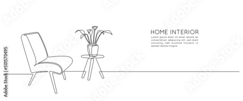 Continuous one line drawing of armchair and table with vase with home plant. Scandinavian stylish furniture for living room or loft hotel concept in simple linear style. Doodle vector illustration