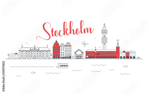 Panorama miasta Stockholm w liniowym minimalistycznym stylu #501570621