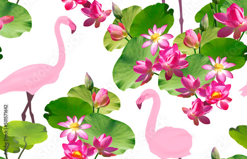 Seamless pattern with pink lotus flowers and flpmingo birds isolated on white background.