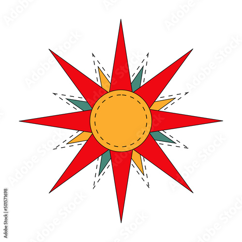 Red sun. Russian symbol holiday spring Shrovetide. Ornamental doodle vector illustration for printing, backgrounds, covers, packaging, greeting cards, posters, stickers and textile