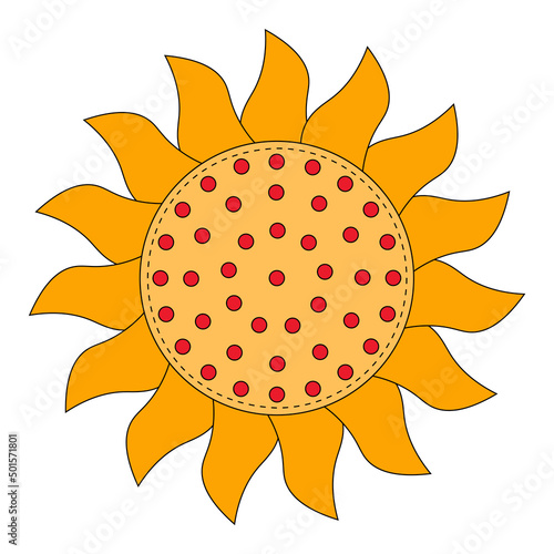 Yellow sun. Russian symbol holiday spring Shrovetide. Ornamental doodle vector illustration for printing, backgrounds, covers, packaging, greeting cards, posters, stickers and textile