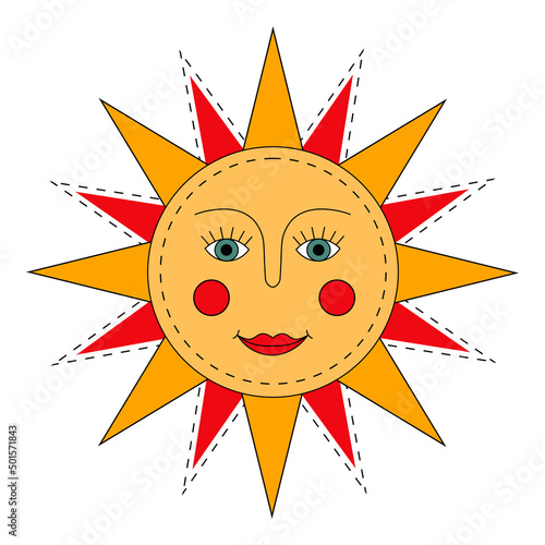 Yellow sun. Russian symbol holiday spring Shrovetide. Ornamental doodle vector illustration for printing, backgrounds, covers, packaging, greeting cards, posters, stickers and textile
