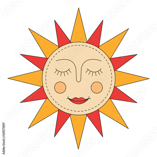 Yellow sun. Russian symbol holiday spring Shrovetide. Ornamental doodle vector illustration for printing, backgrounds, covers, packaging, greeting cards, posters, stickers and textile