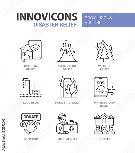 Natural disaster relief - line design style icons set