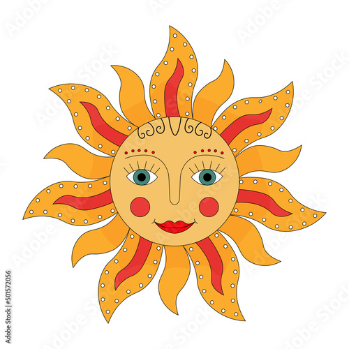 Yellow sun. Russian symbol holiday spring Shrovetide. Ornamental doodle vector illustration for printing, backgrounds, covers, packaging, greeting cards, posters, stickers and textile