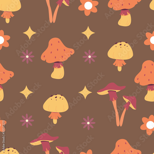 Seamless pattern magic hallucinogenic mushrooms. Fantasy cute elements. Cute cartoon mushrooms on the grass. Modern design print for cloth, wallpaper, decor interior. Hippie style. Vector flat.