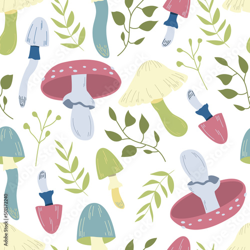 Seamless pattern magic hallucinogenic mushrooms. Fantasy cute elements. Cute cartoon mushrooms on the grass. Modern design print for cloth, wallpaper, decor interior. Hippie style. Vector flat.